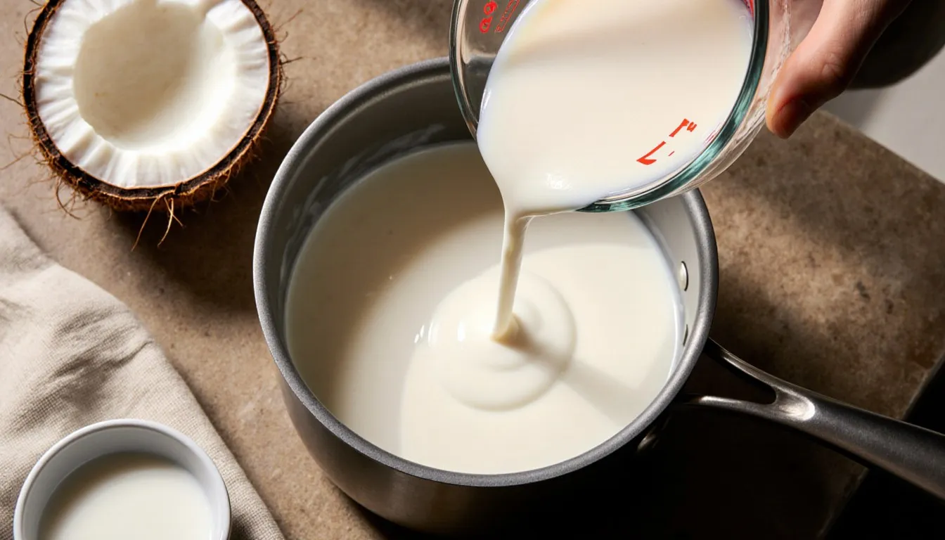 Coconut milk poured into a saucepan beside a halved fresh coconut, a substitute for evaporated milk