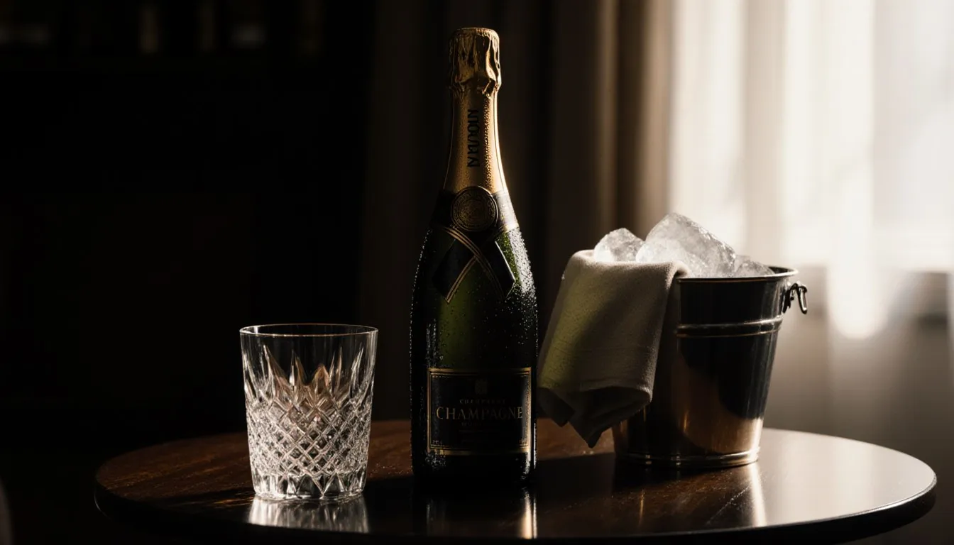 An ornate, unlabeled champagne bottle in gold foil beside a crystal coupe and silver ice bucket on dark wood
