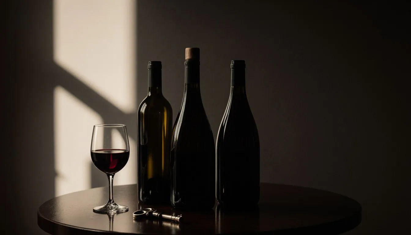 Unlabeled dark wine bottles and a glass of red wine arranged on a wood table, evoking rare, costly vintages
