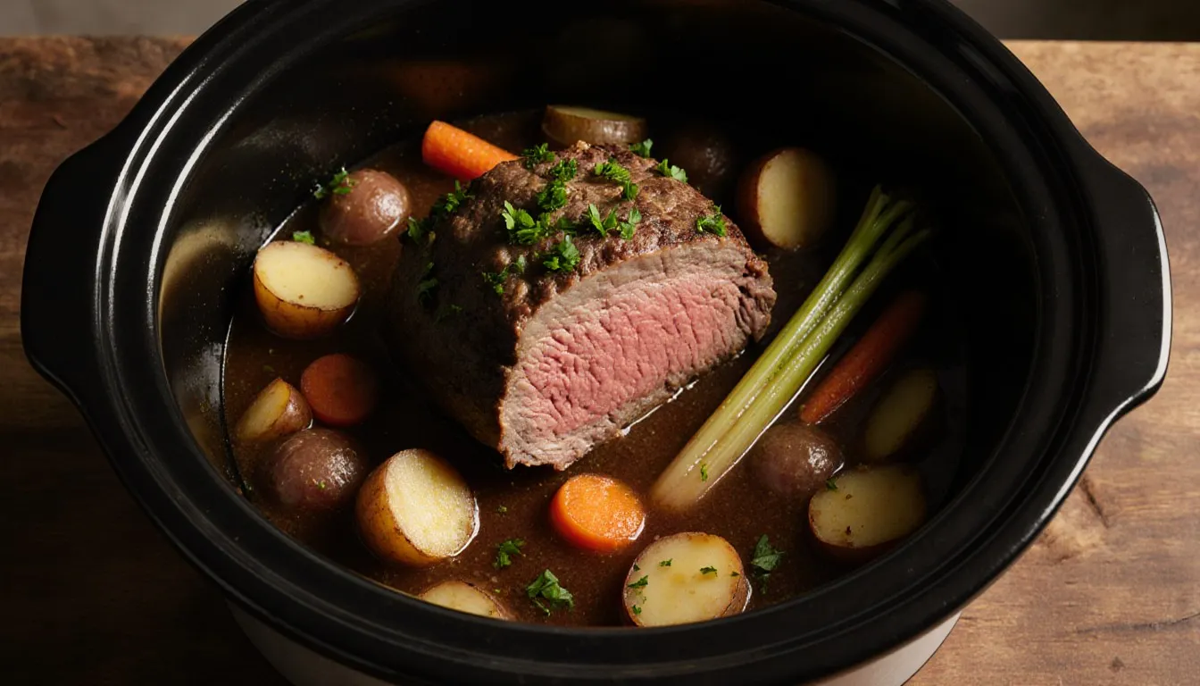 Sliced eye of round roast with carrots, potatoes, and onions in a crock pot