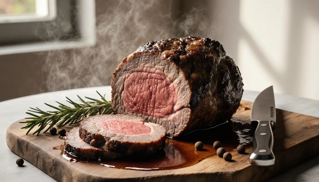 A sliced eye of round roast on a wooden board showing an evenly cooked pink center