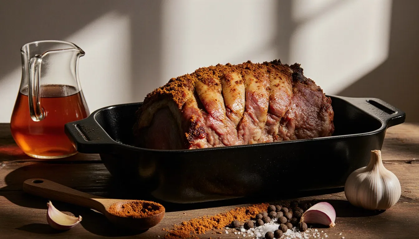 A garlic-studded eye of round roast seasoned with paprika, resting beside cider and spices before roasting