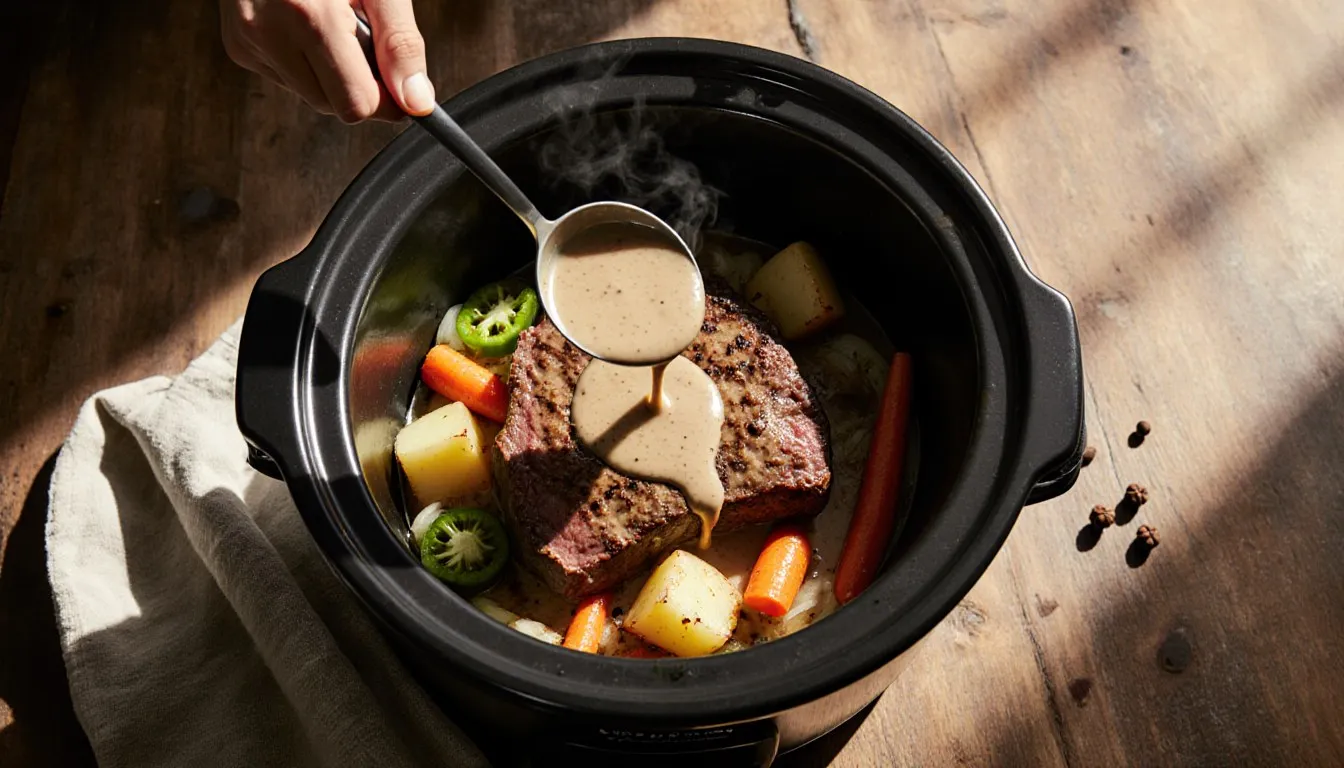 Eye of round steak chunks and vegetables in a slow cooker being topped with creamy mushroom sauce