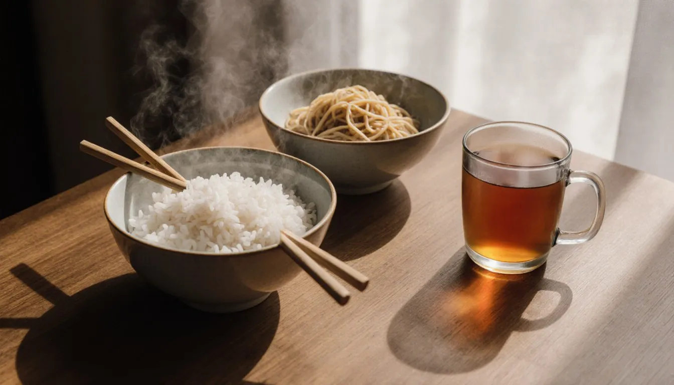 A bowl of rice and noodles with chopsticks and a cup of Chinese tea, staples of Chinese cuisine