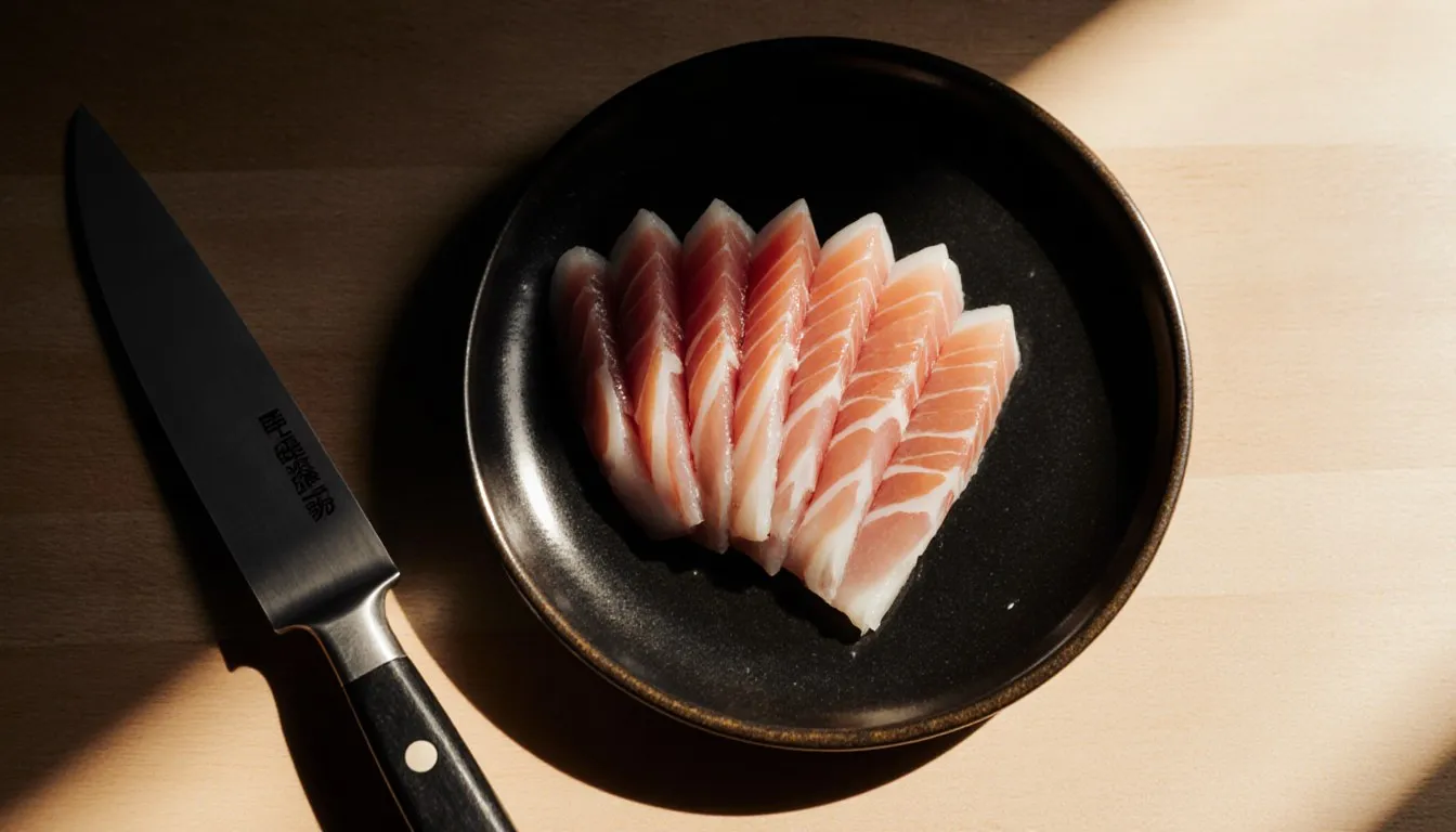 Neatly sliced raw fish sashimi fanned on a dark plate beside a Japanese chef's knife