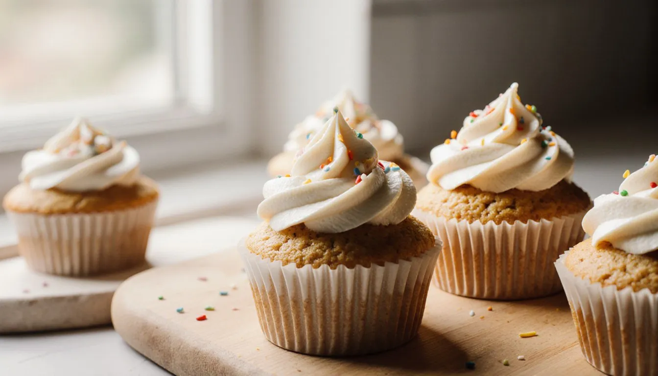 Freshly baked fairy cakes in paper cases, some plain and some topped with swirled icing and sprinkles