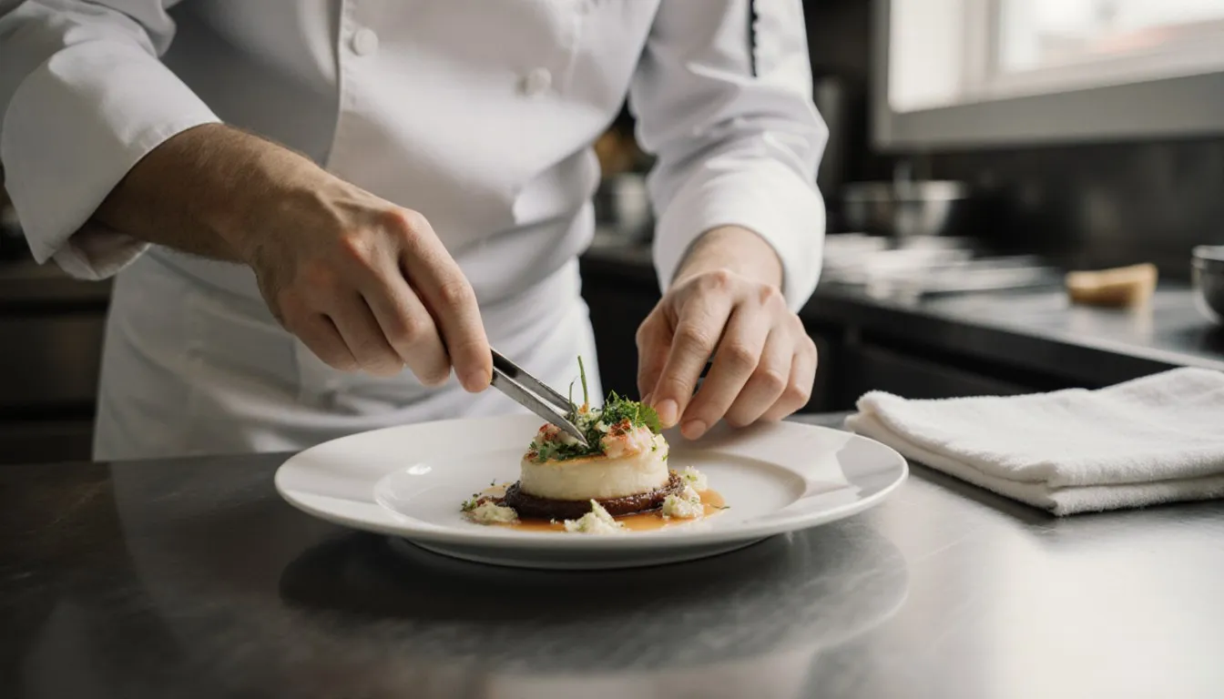 A chef's hands carefully plating a dish in a professional kitchen