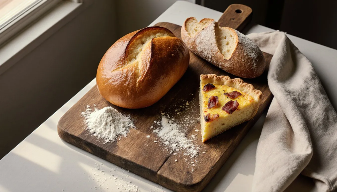 A wooden board with golden brioche, a quiche lorraine wedge, and a torn baguette in soft natural light