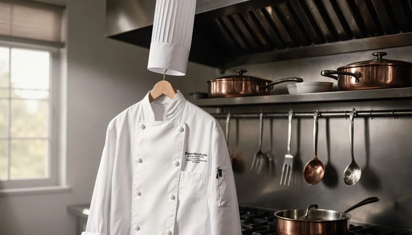 A chef's white jacket and toque hang beside a professional kitchen pass lined with copper pans