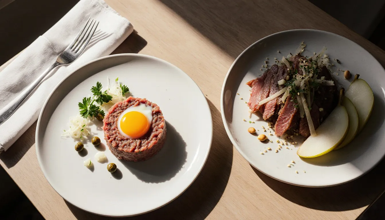 Steak tartare with egg yolk beside Korean yukhoe with pear and pine nuts, two raw beef dishes plated