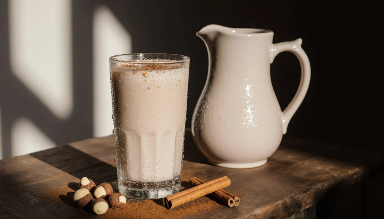 A glass of creamy horchata with a pitcher, tiger nuts, and a cinnamon stick on a wooden table