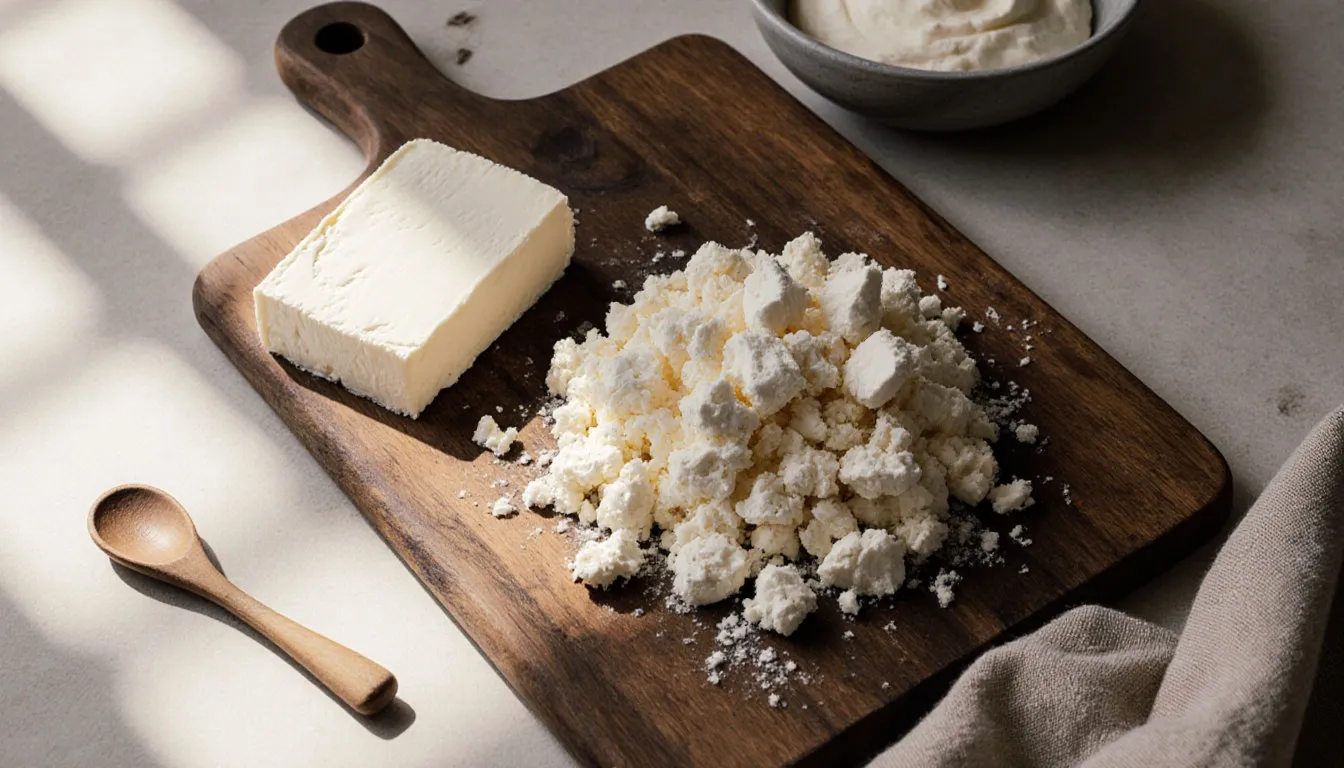 Fresh farmer's cheese on a wooden board alongside paneer and ricotta, two common substitutes