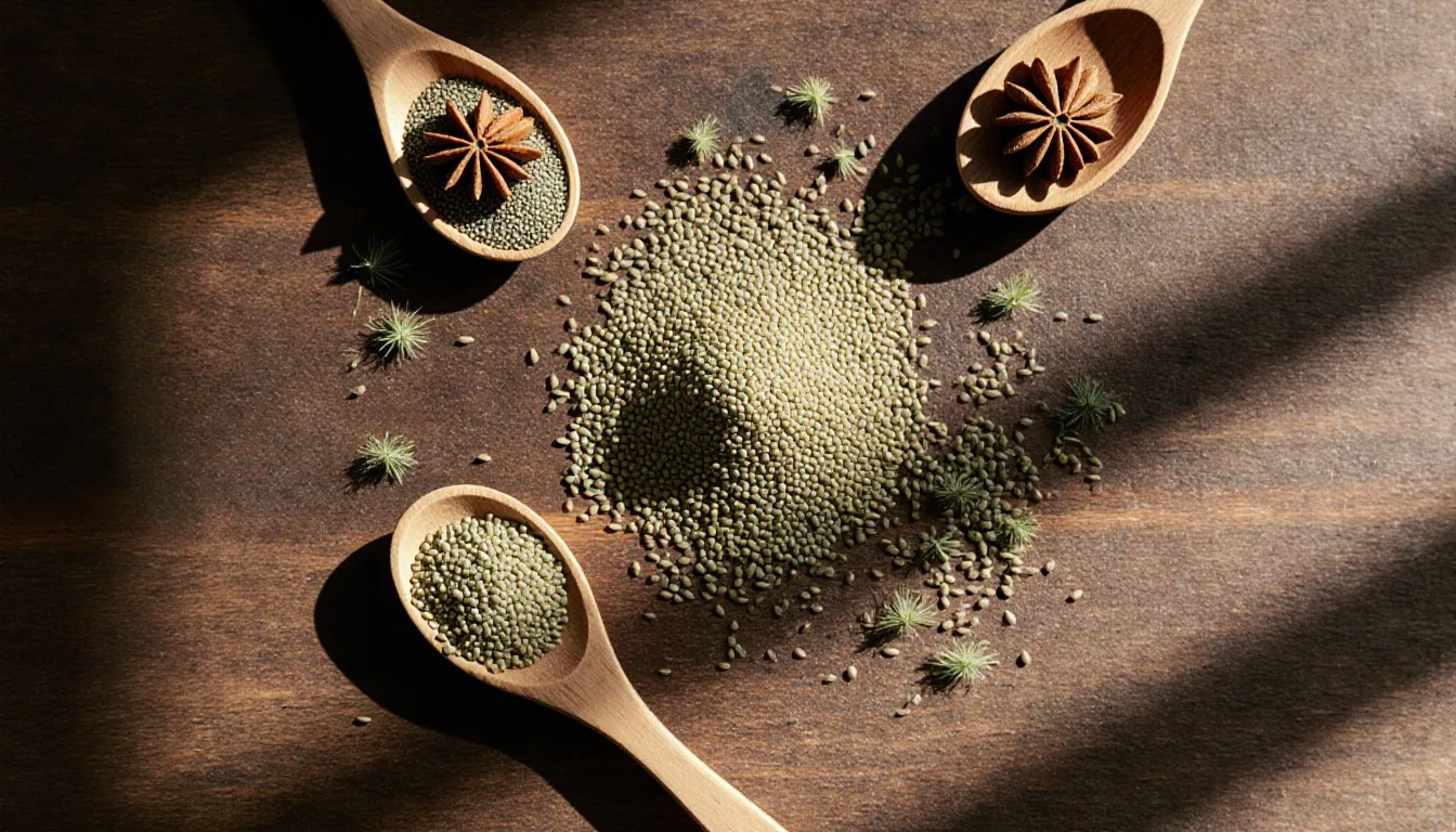 Fennel seeds surrounded by anise, caraway, and dill seeds on wooden spoons as substitute options