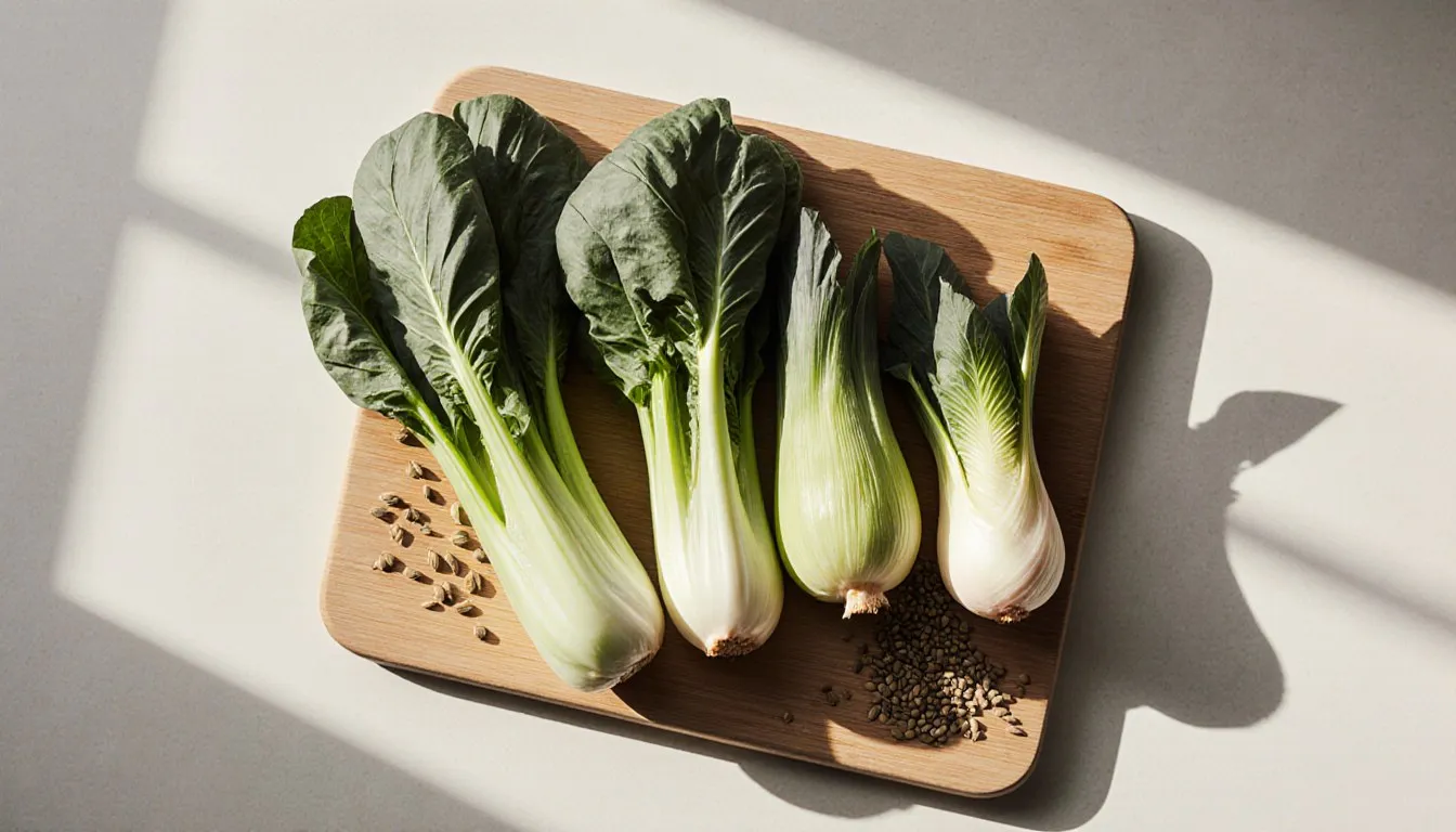 Celery stalks, bok choy, and Belgian endive arranged as fresh substitutes for fennel