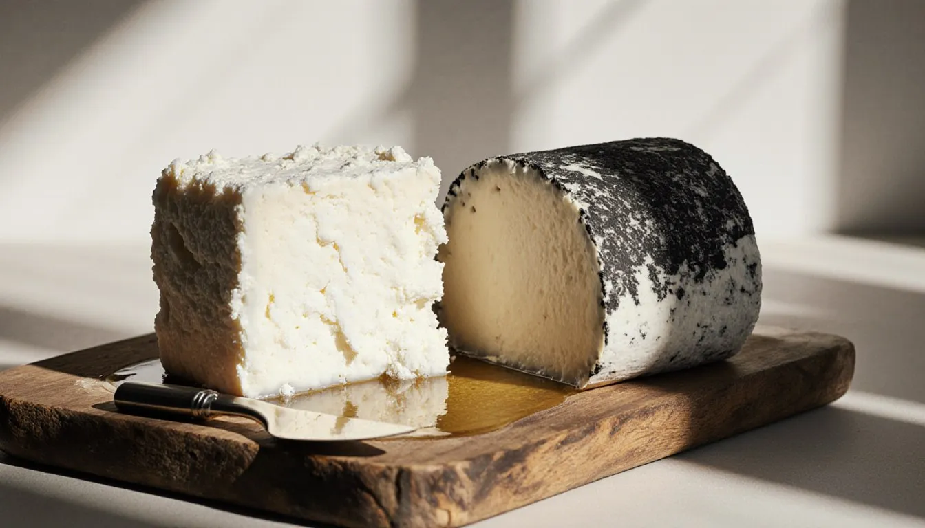 A block of feta cheese in brine beside a sliced log of goat cheese on a wooden board