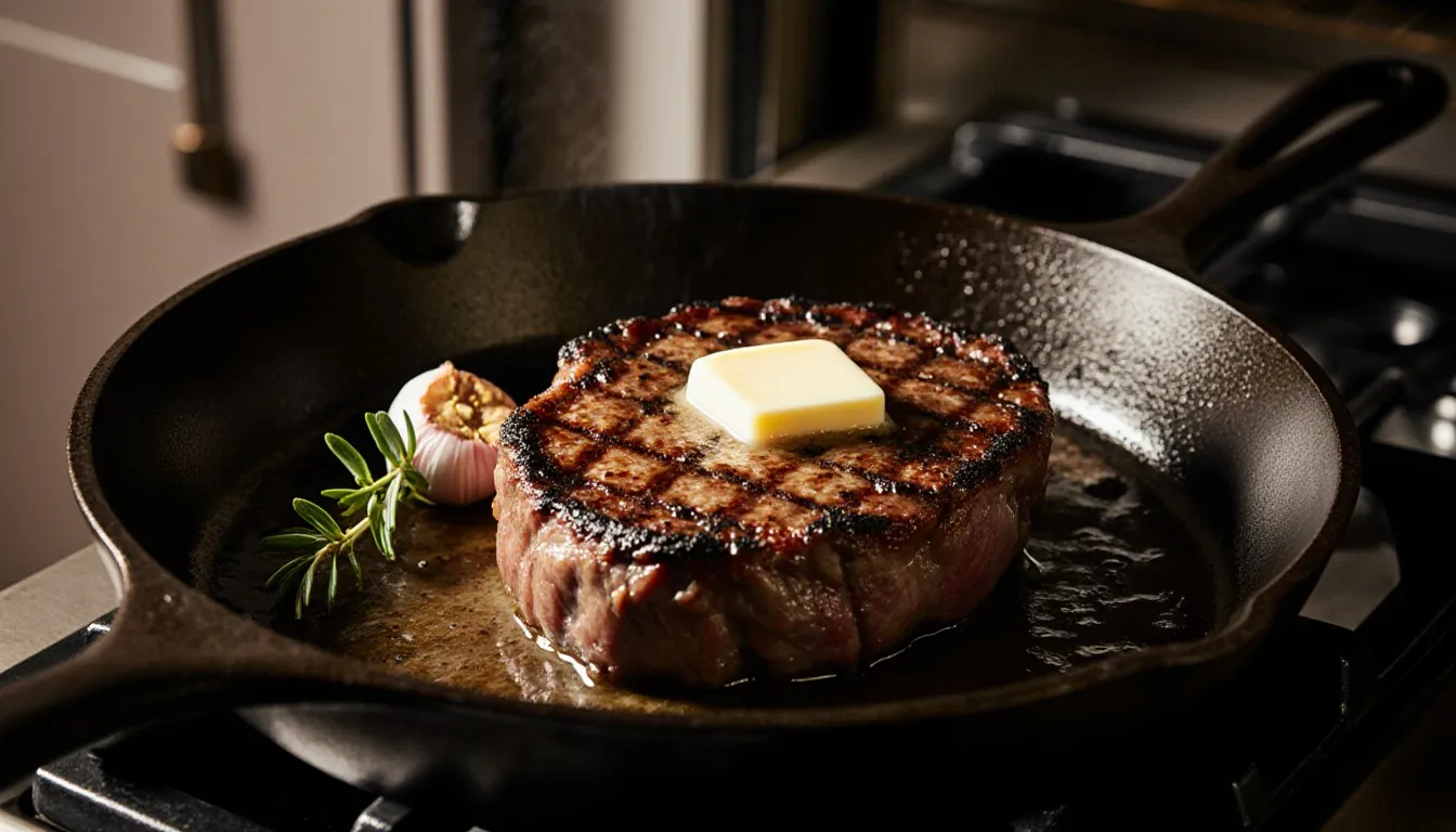 A thick filet mignon sears in a cast-iron skillet with butter, garlic, and thyme, forming a golden crust.