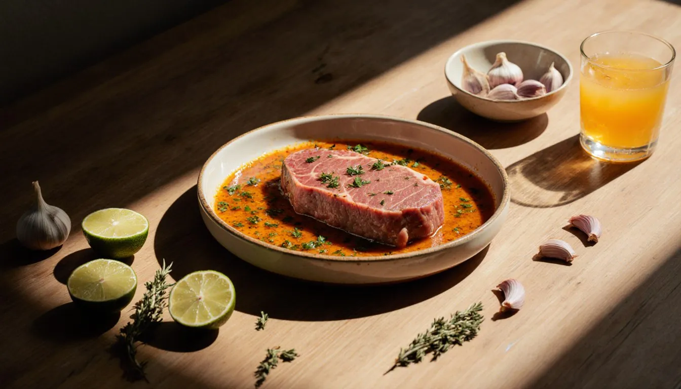 Raw filet mignon steak soaking in a citrus herb marinade with limes and garlic nearby