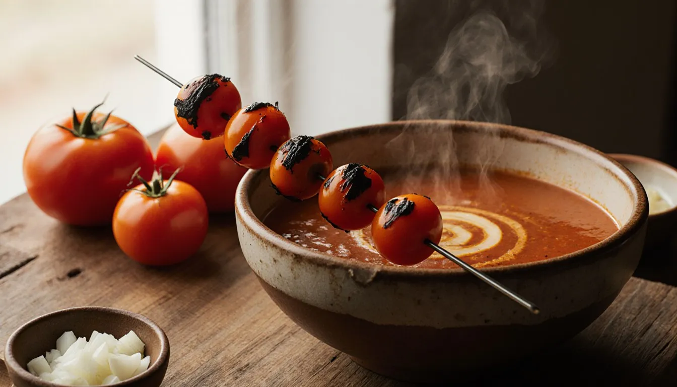 Skewered fire-charred Roma tomatoes beside a steaming bowl of smoky tomato soup