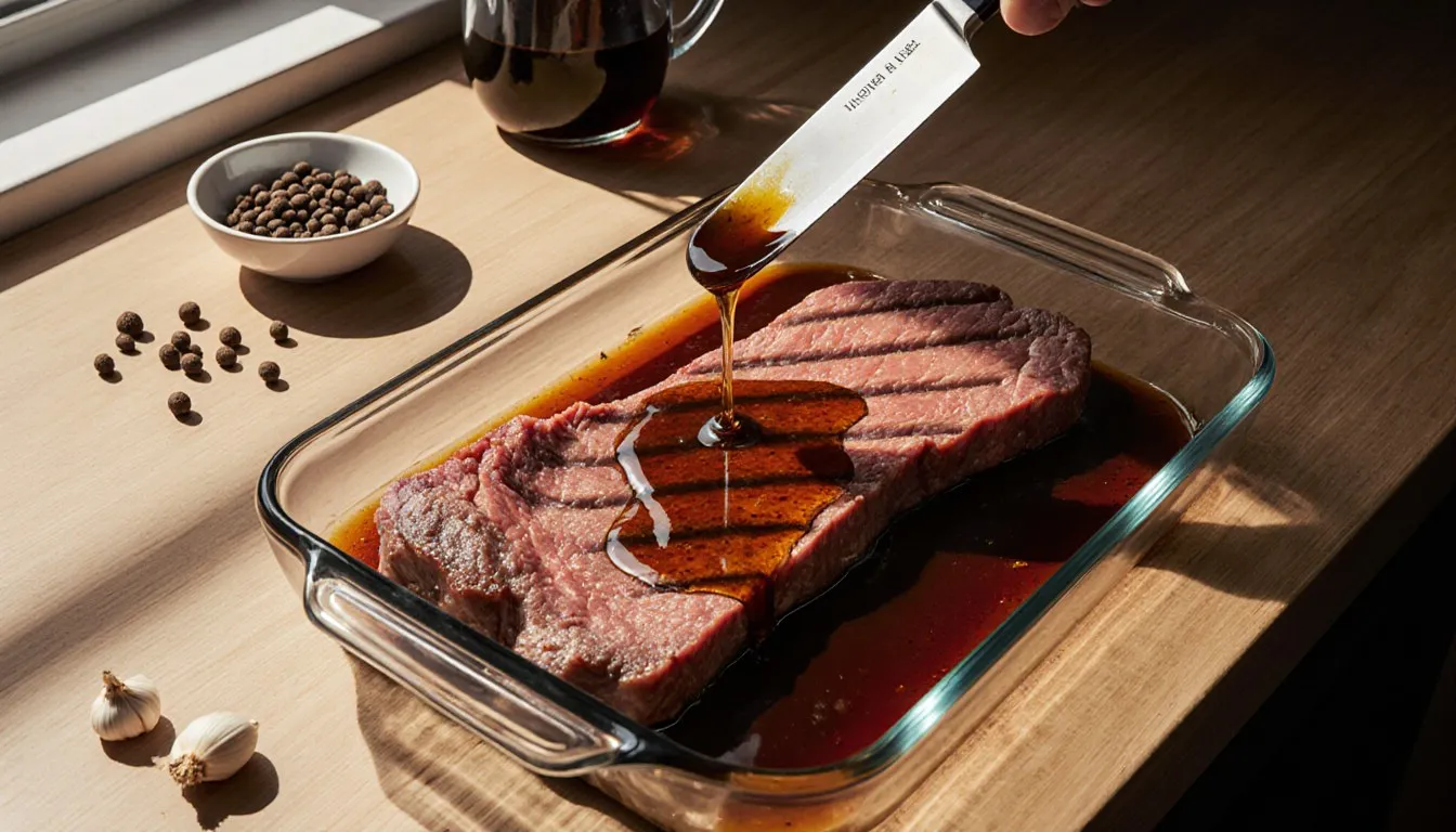 A scored raw flank steak in a glass dish being coated with a dark honey-soy marinade beside minced garlic and pepper
