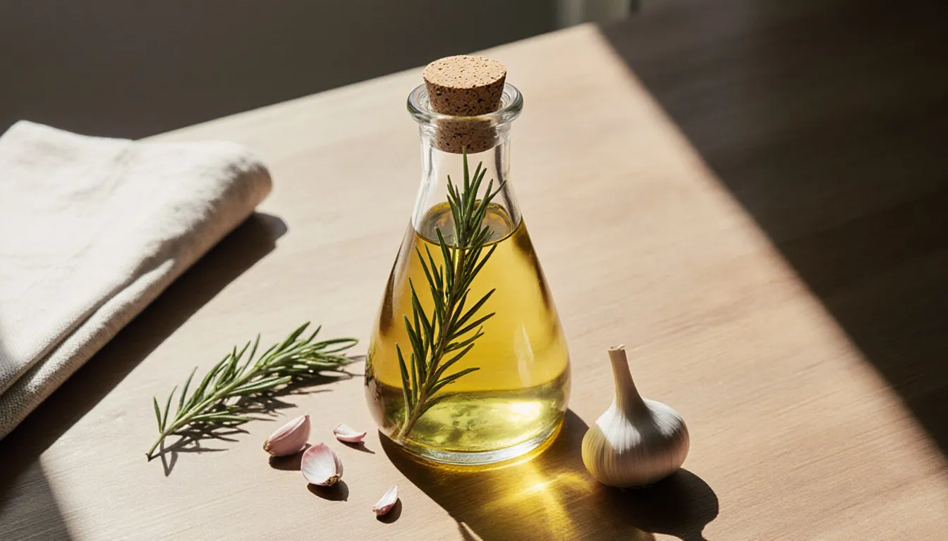 A bottle of herb-infused oil with a rosemary sprig inside, beside fresh garlic cloves on a counter