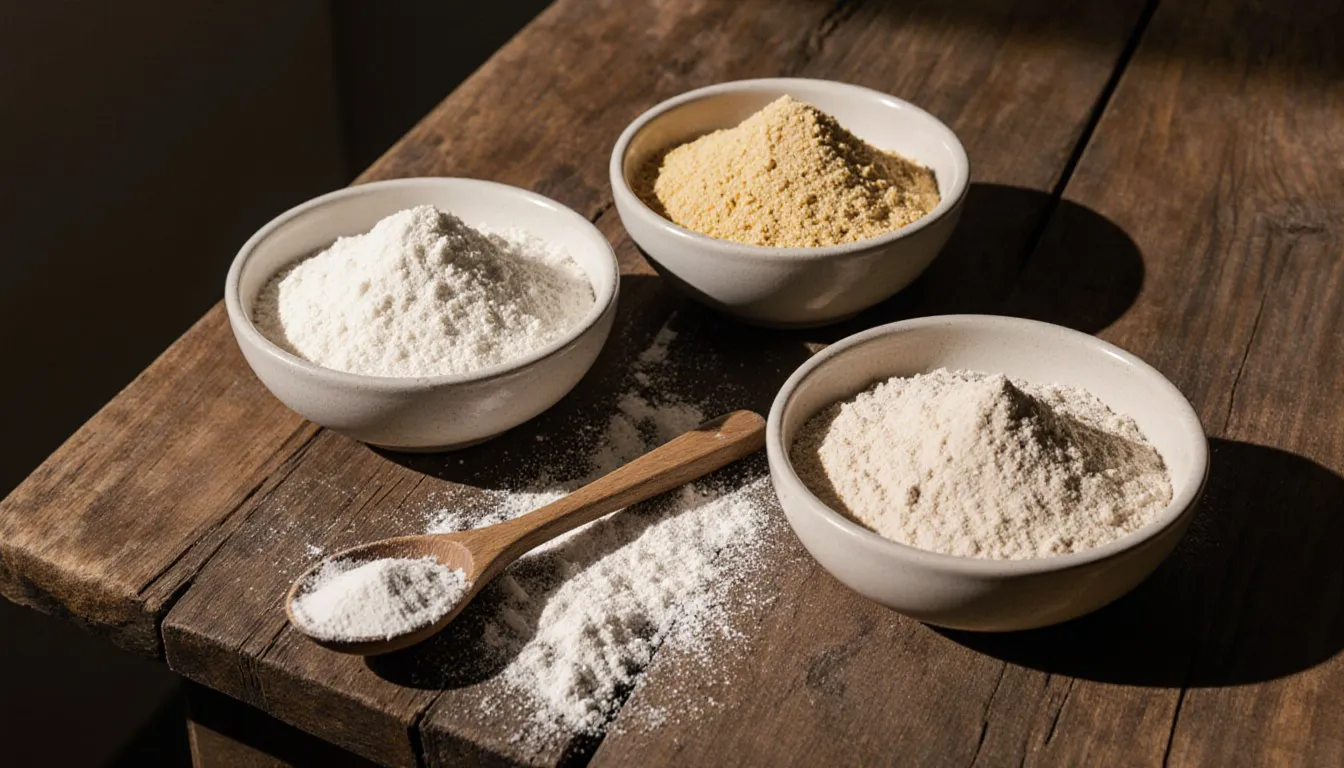 Bowls of cornstarch, cornmeal, and chickpea flour on a wooden counter, each a different flour substitute