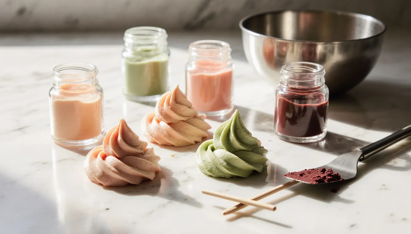 Small piped swirls of buttercream frosting in hand-mixed colors beside bottles of food coloring