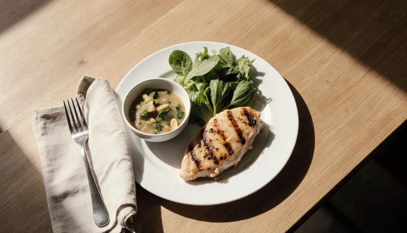 A plate arranging grilled protein and fresh vegetables in separate portions, illustrating food combining for weight loss