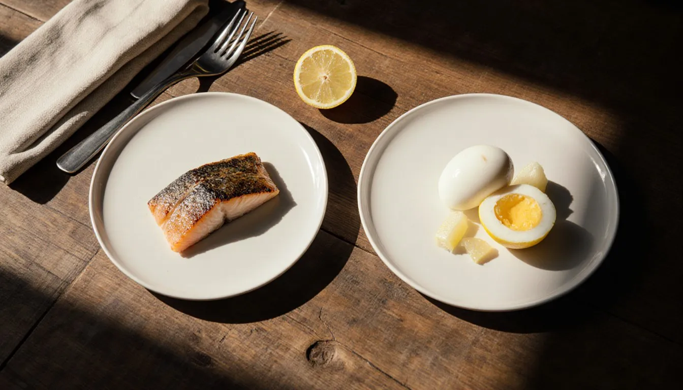 Grilled fish and a boiled egg plated near lemon wedges, illustrating a food-combining conflict between acids and proteins