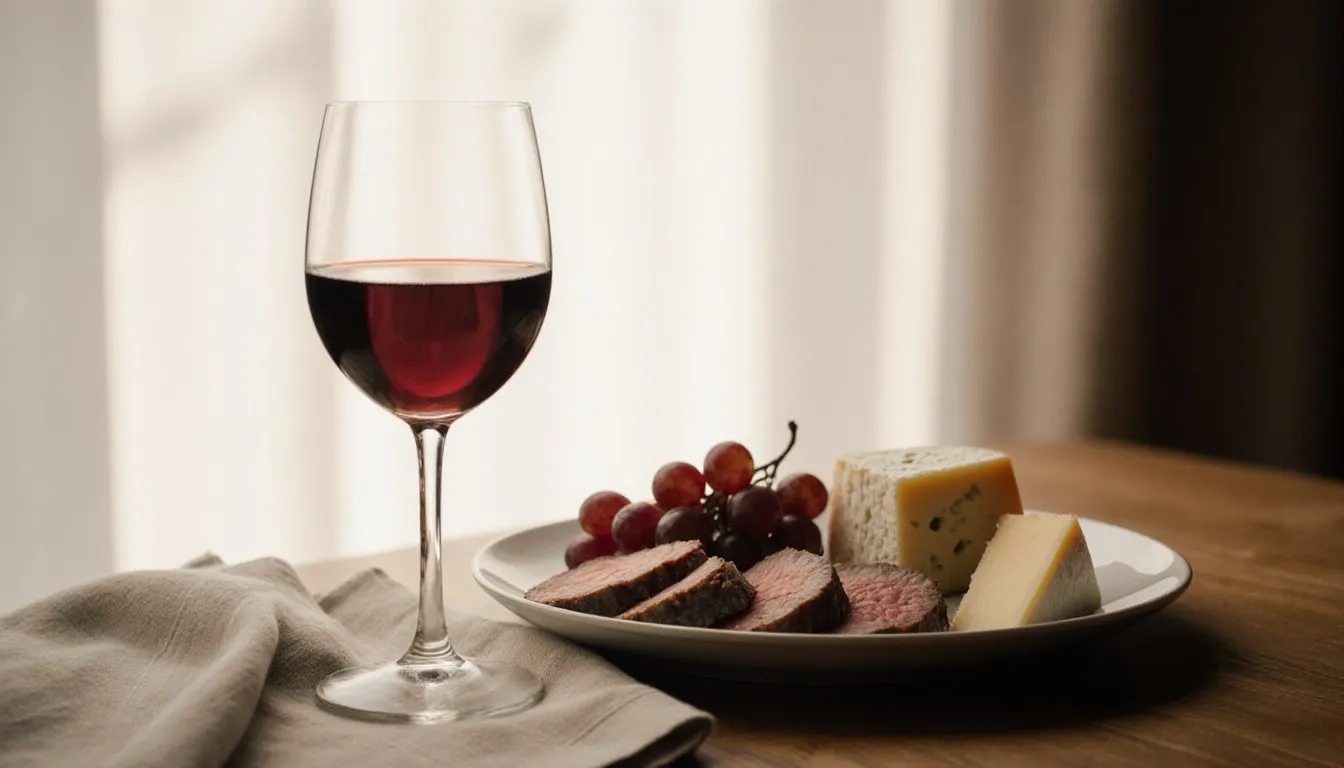 A glass of red wine paired with roast beef and cheese on a wooden table