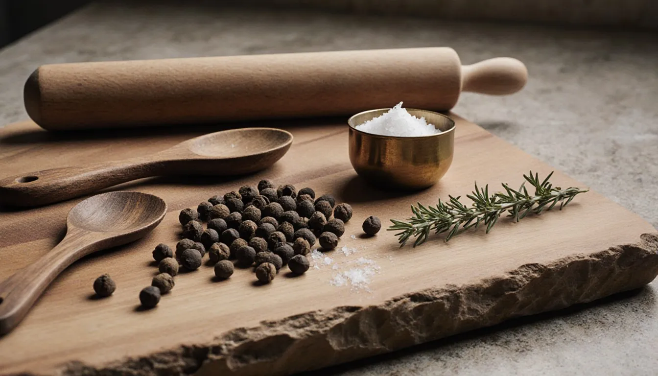 Wooden cutting board with a chef's knife, peppercorns, salt and thyme