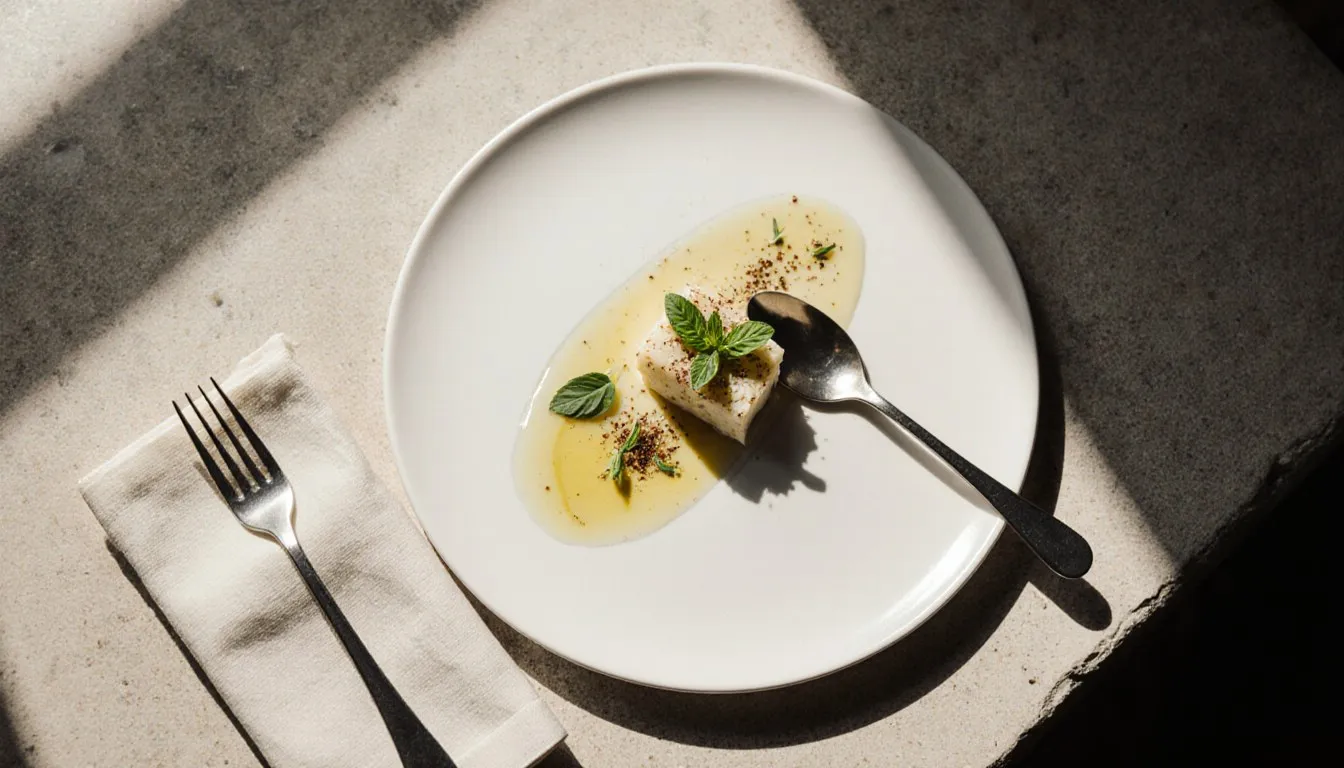 An elegantly plated dish with a sauce swipe, neat portion, and precise garnish on a simple plate