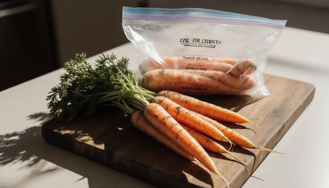 Fresh trimmed carrots beside an open freezer bag, ready for freezing