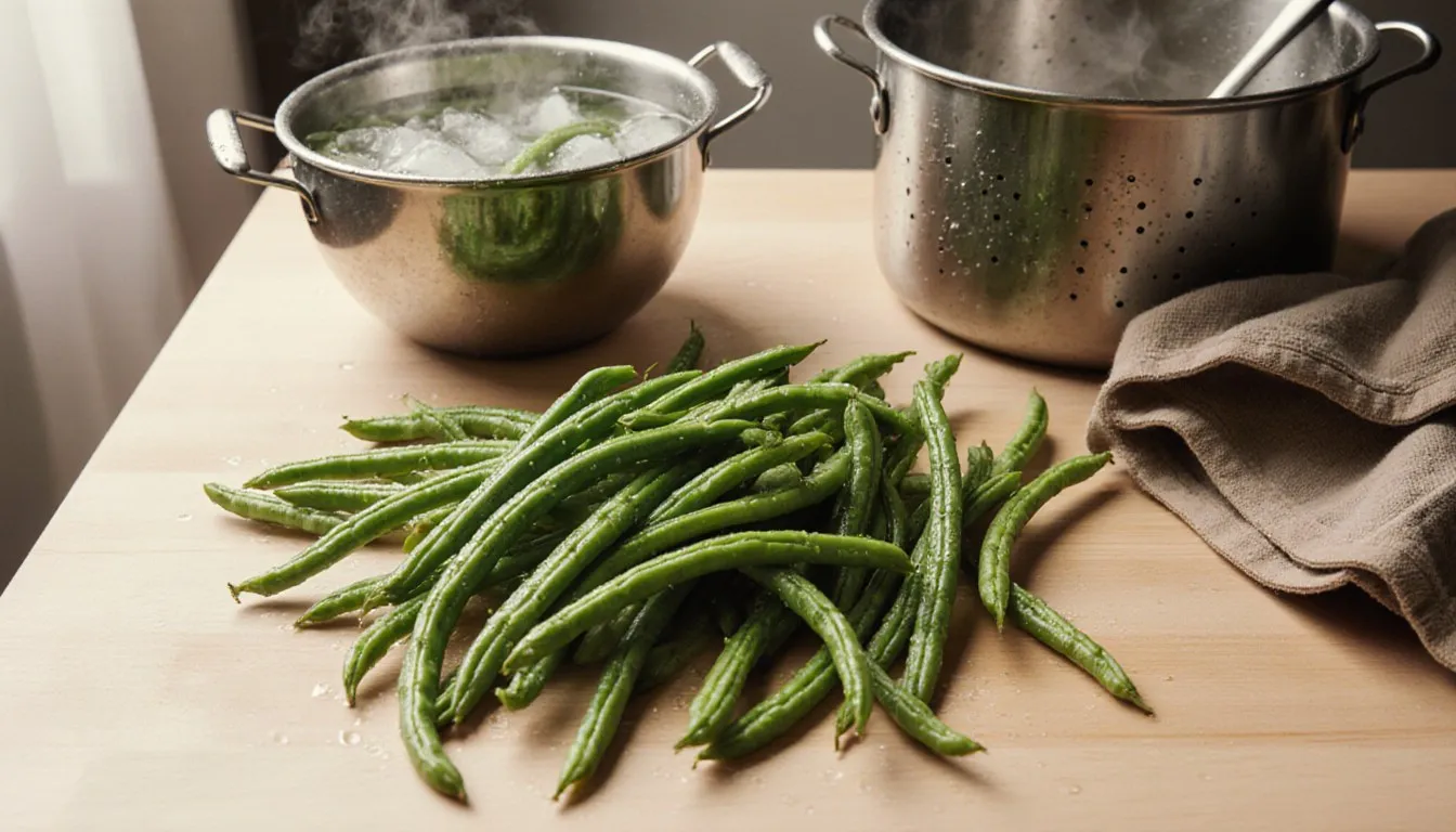 Fresh green beans being blanched and cooled in ice water before freezing
