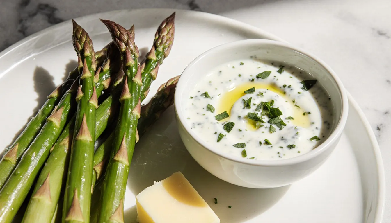 Chilled asparagus spears beside a bowl of basil yogurt dressing, a classic French appetizer
