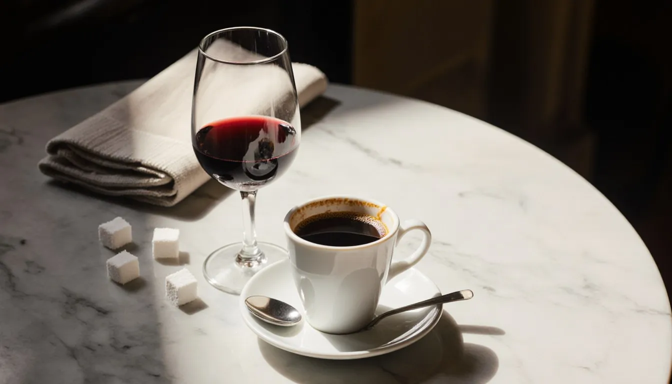 A demitasse of espresso and a glass of red wine on a marble café table, evoking French drinking traditions