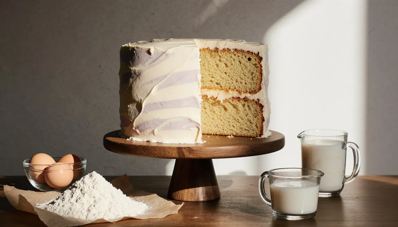 A frosted French vanilla layer cake with a slice cut away, revealing its soft crumb, beside eggs and flour.