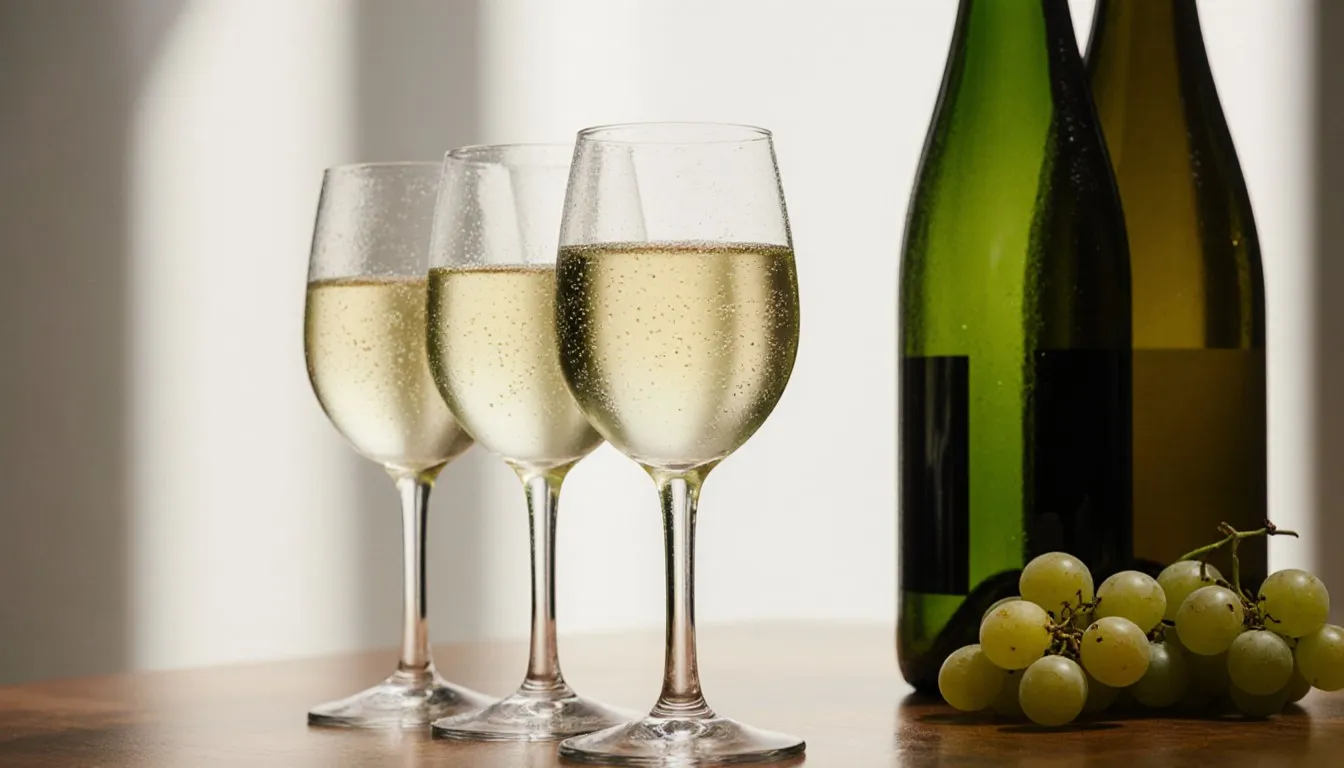 Glasses of French white wine in varying golden hues beside unlabeled bottles on a wooden table