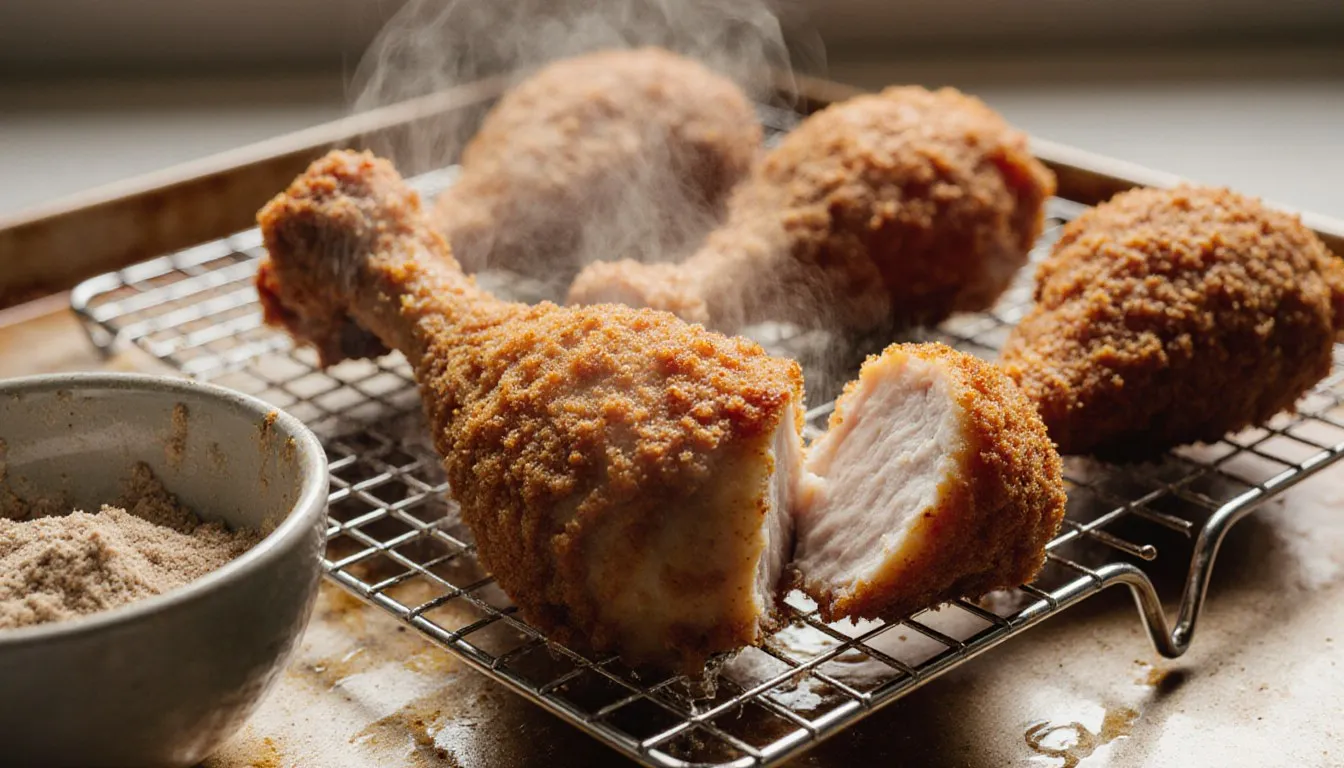 Golden, deeply crisp double-dipped fried chicken pieces on a rack, one piece broken open to show juicy meat inside