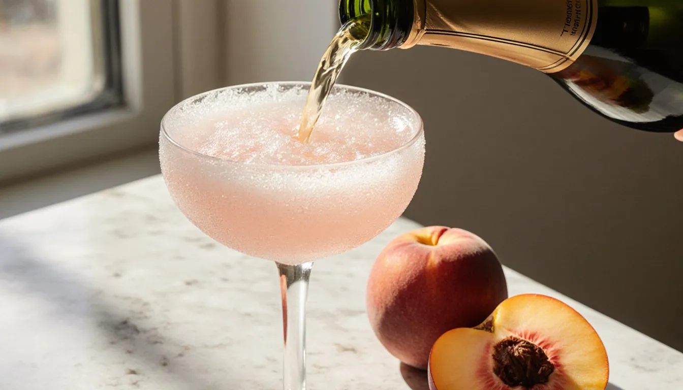 A frosty frozen peach bellini in a coupe glass beside fresh peaches and a bottle of champagne
