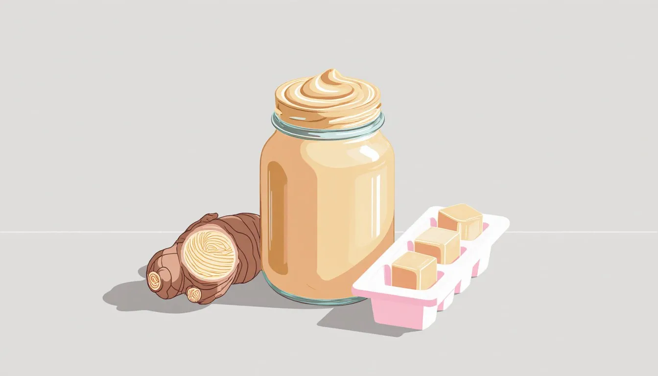 A jar of ginger puree, a halved ginger root, and an ice cube tray of frozen puree cubes