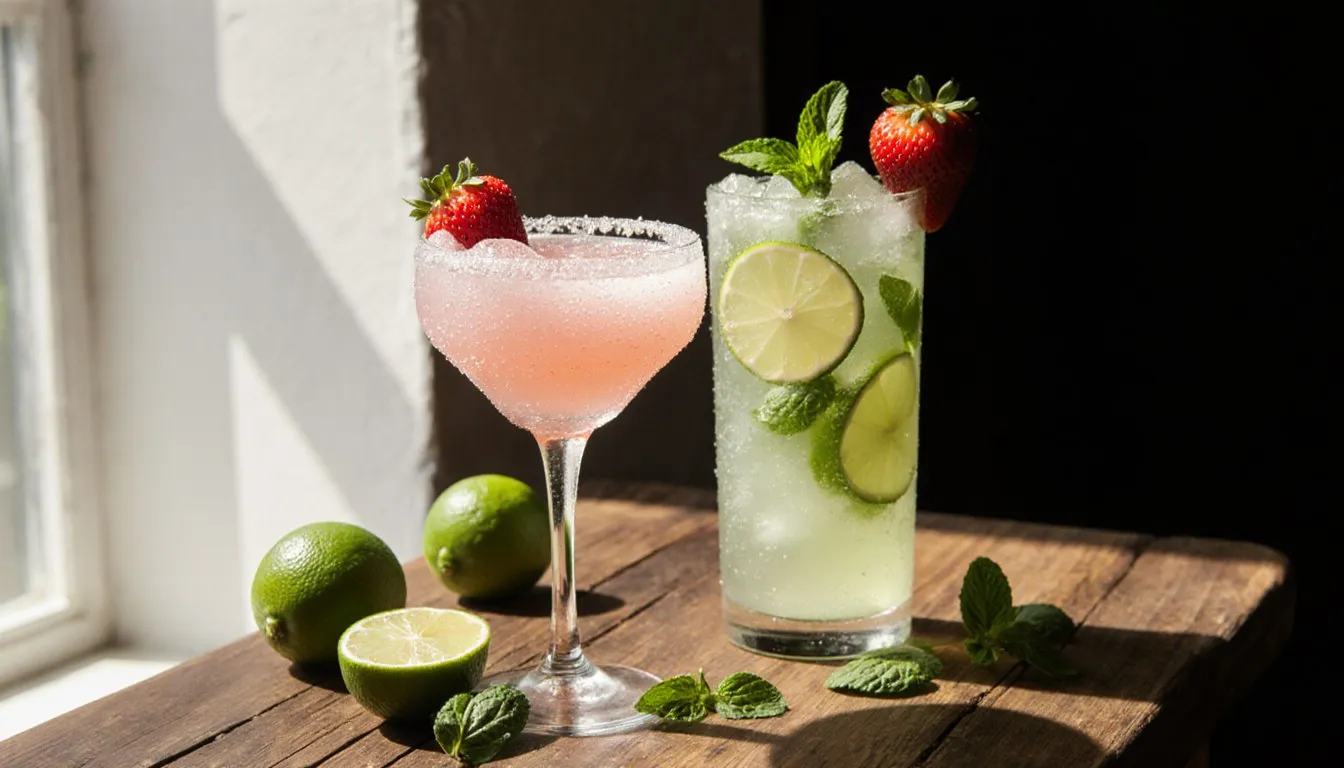 A frosty pink strawberry daiquiri and green frozen mojito garnished with lime and mint on a wooden bar