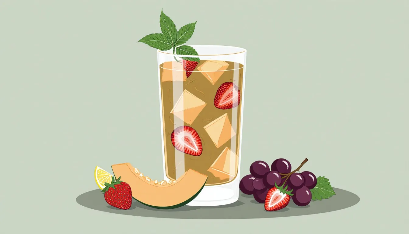A glass of fruit cup cocktail filled with cantaloupe, strawberries, and grapes, garnished with fresh mint.