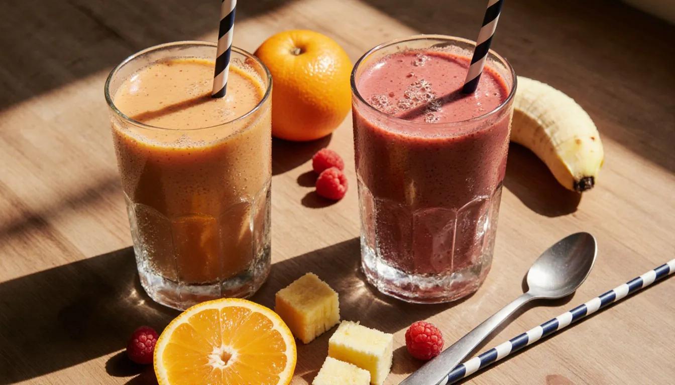 Colorful fruit smoothies in glasses surrounded by fresh orange, pineapple, banana, and raspberries on a kitchen counter
