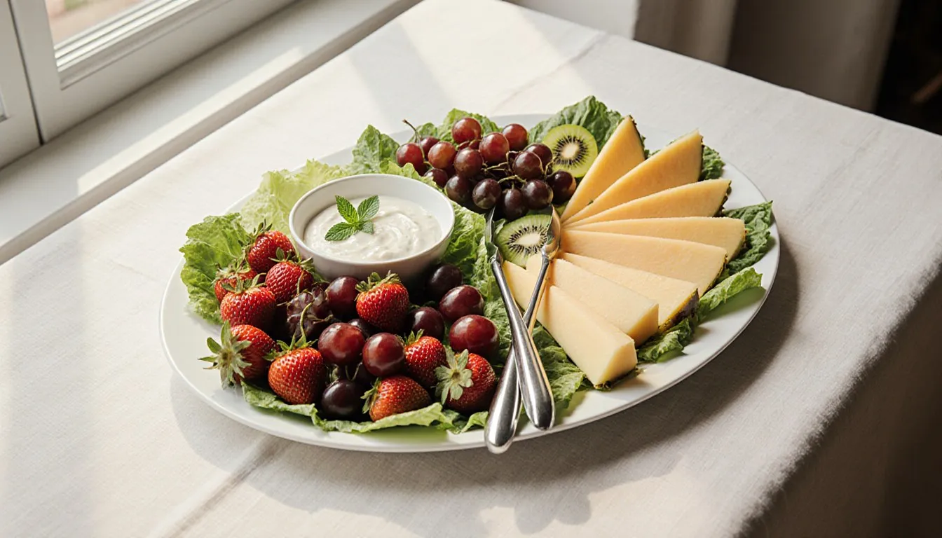 An elegant fruit tray lined with lettuce, arranged with sliced and whole fruits, dip, and mint garnish