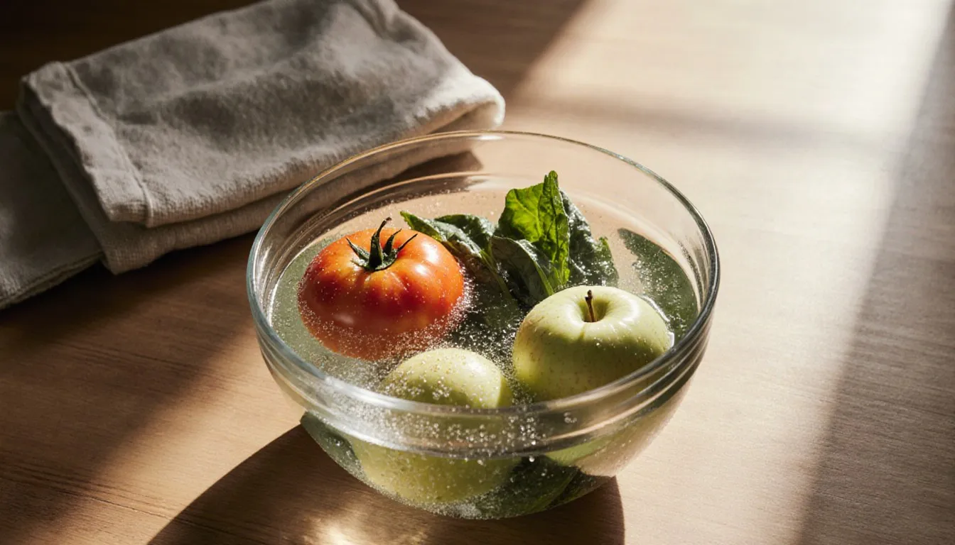 Fresh tomato, apples, and leafy greens soaking in a glass bowl of water on a kitchen counter