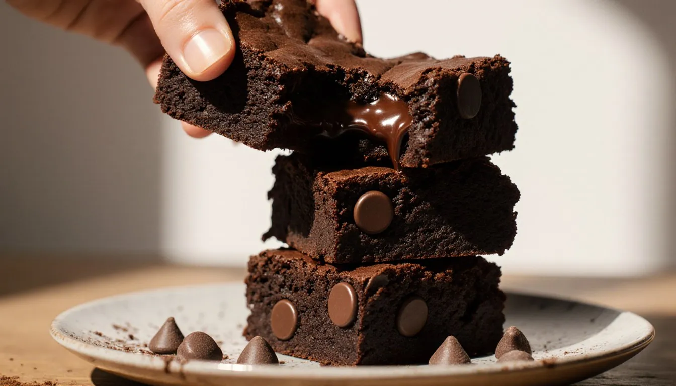 A stack of fudge brownies with the top one broken open to show a dense, gooey chocolate interior