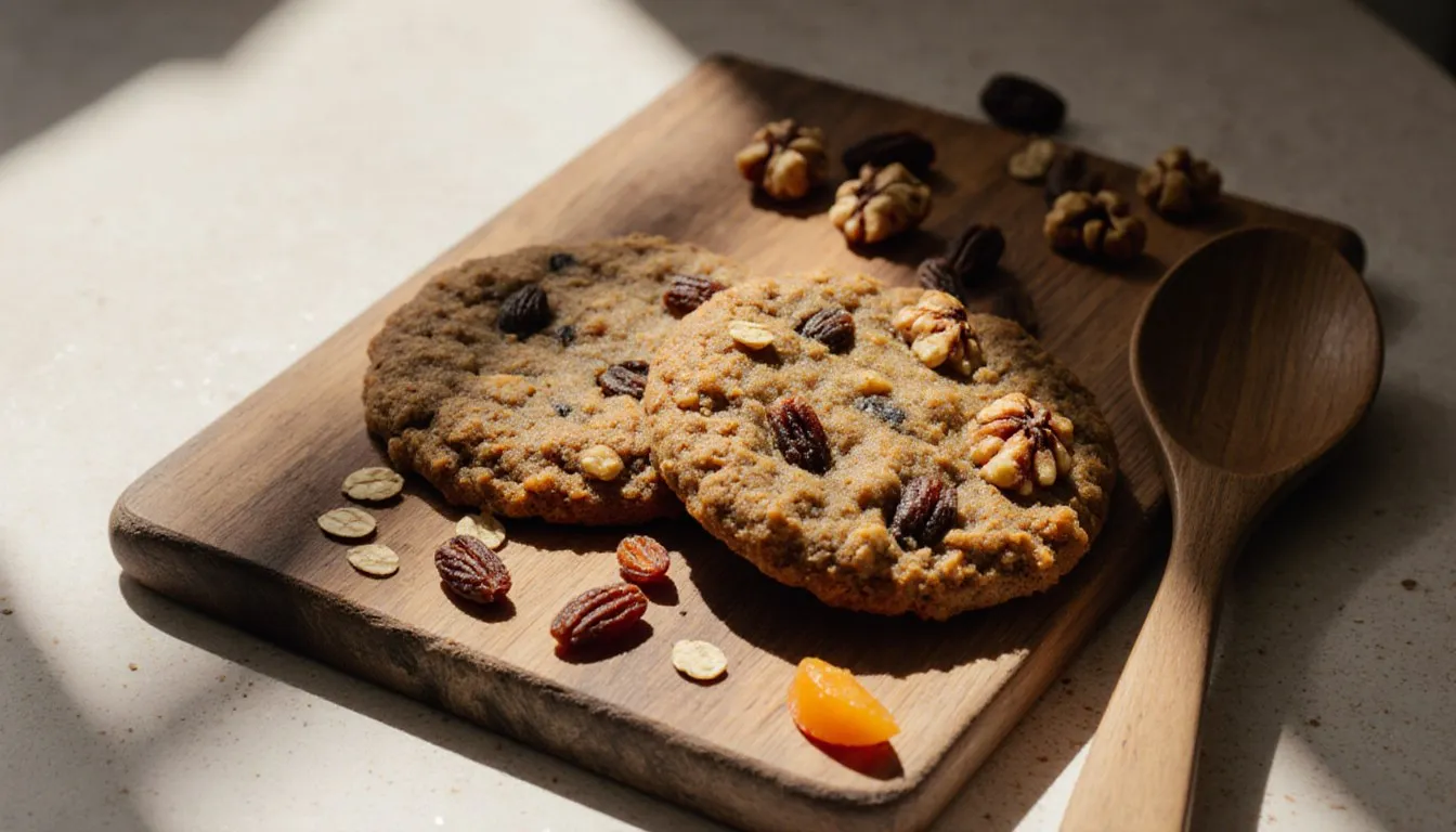 Homemade oat and carrot breakfast cookies with walnuts, raisins, and dried apricots on a wooden board