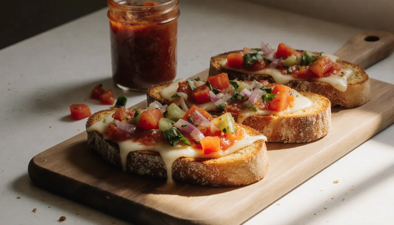 Open-face veggie pizza slices on toasted Italian bread topped with cheese and diced vegetables