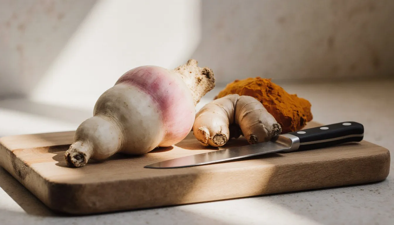 Fresh galangal rhizome beside ginger and turmeric root, common substitutes, on a wooden kitchen board