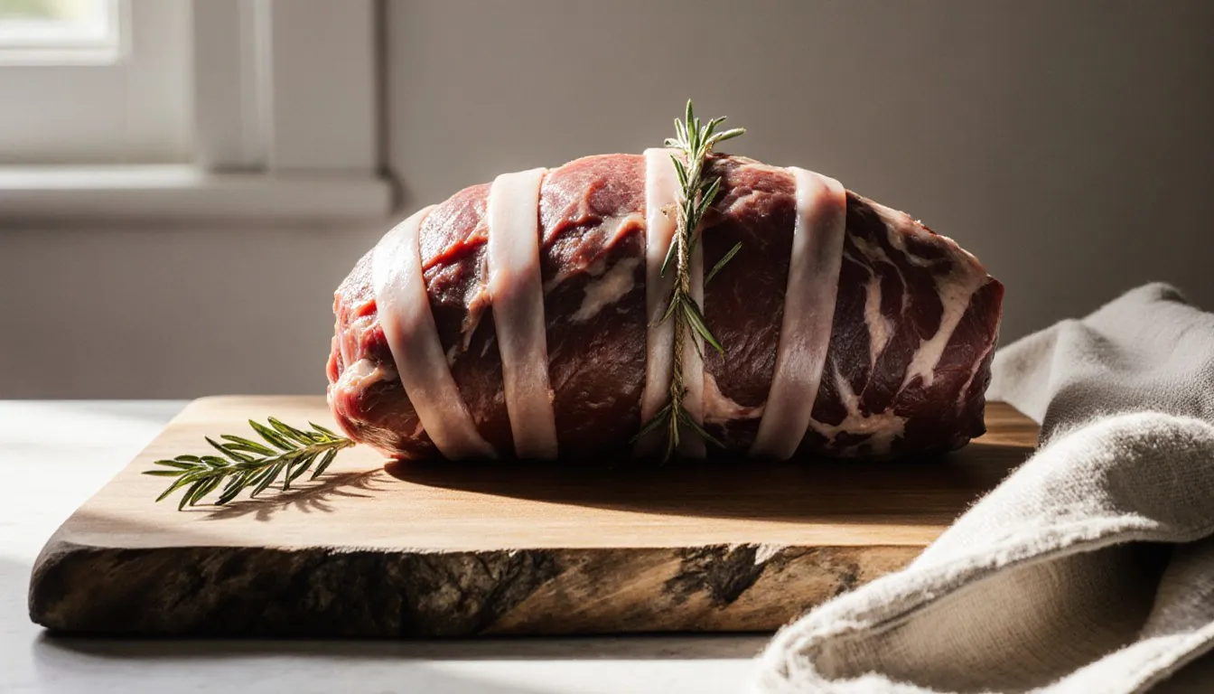 A raw venison roast barded with strips of pork fat and tied with twine on a wooden cutting board, a rosemary sprig beside it and a linen towel to the right
